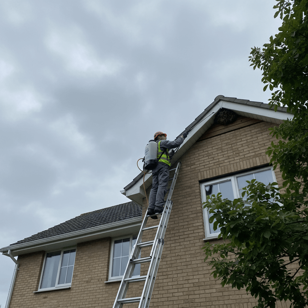 Techniker entfernt Wespennest professionell